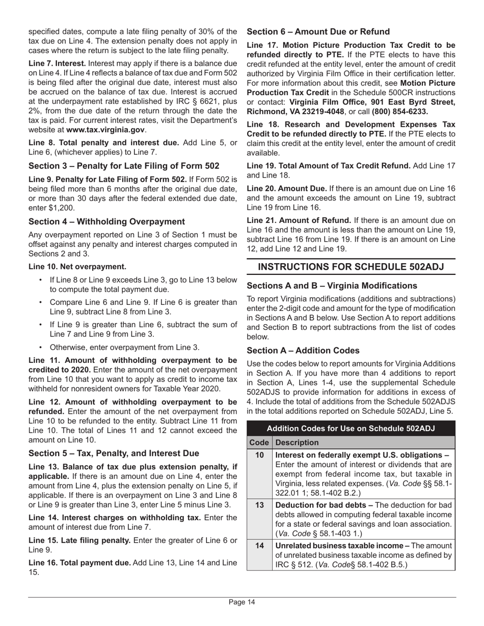 Instructions for Form 502 Pass-Through Entity Return of Income and Return of Nonresident Withholding Tax - Virginia, Page 18