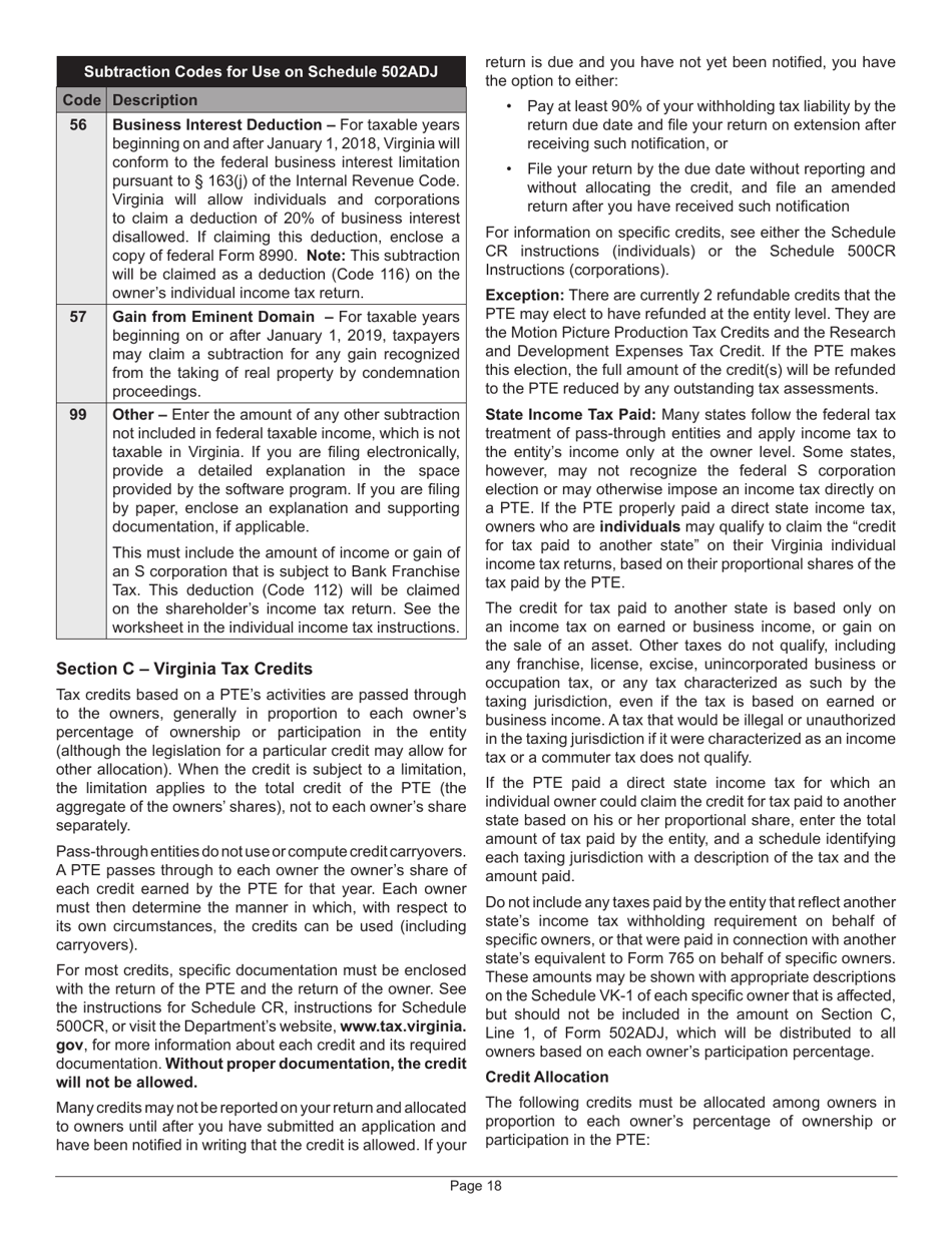 Instructions for Form 502 Pass-Through Entity Return of Income and Return of Nonresident Withholding Tax - Virginia, Page 22