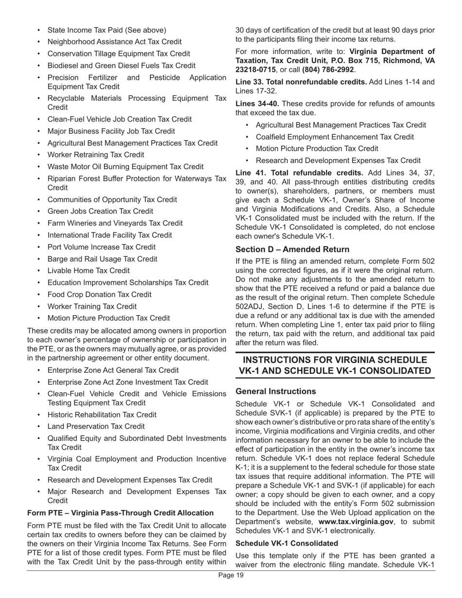 Instructions for Form 502 Pass-Through Entity Return of Income and Return of Nonresident Withholding Tax - Virginia, Page 23