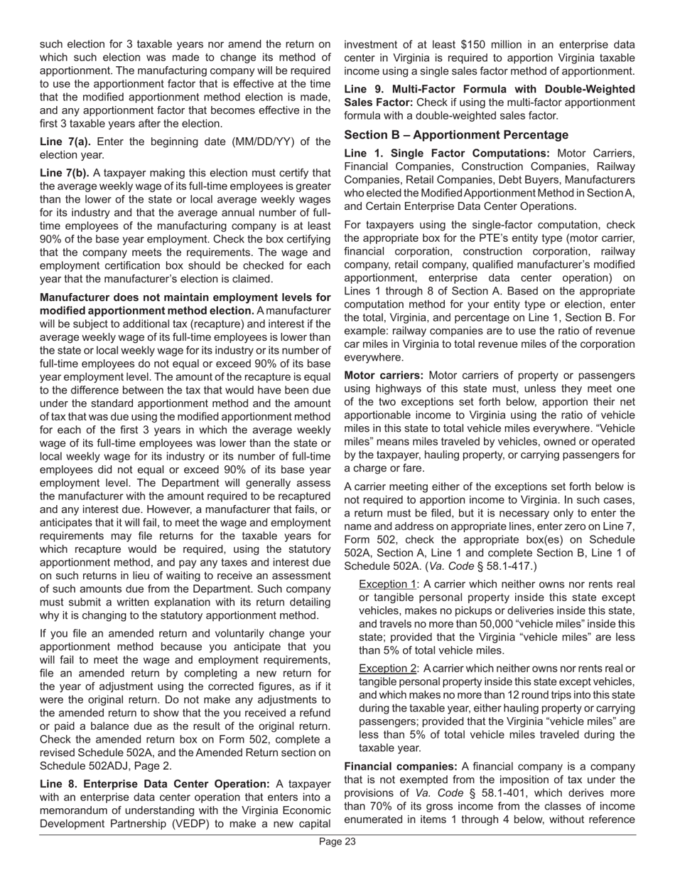 Instructions for Form 502 Pass-Through Entity Return of Income and Return of Nonresident Withholding Tax - Virginia, Page 27