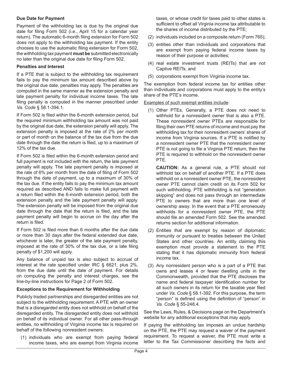 Instructions for Form 502 Pass-Through Entity Return of Income and Return of Nonresident Withholding Tax - Virginia, Page 8