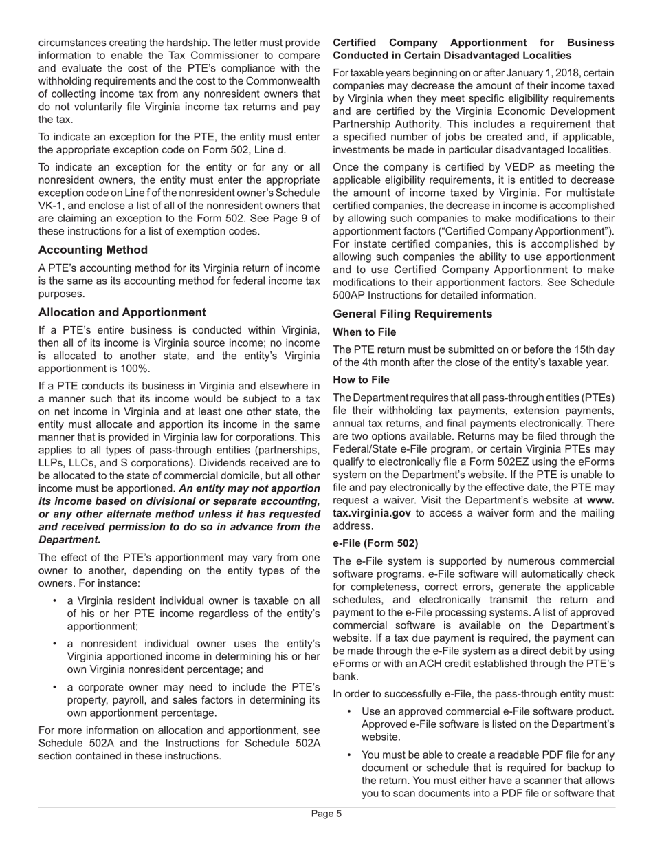 Instructions for Form 502 Pass-Through Entity Return of Income and Return of Nonresident Withholding Tax - Virginia, Page 9