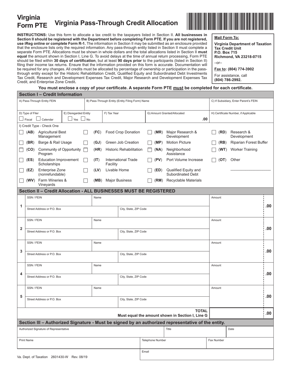 Form PTE Download Fillable PDF or Fill Online Virginia Pass-Through ...