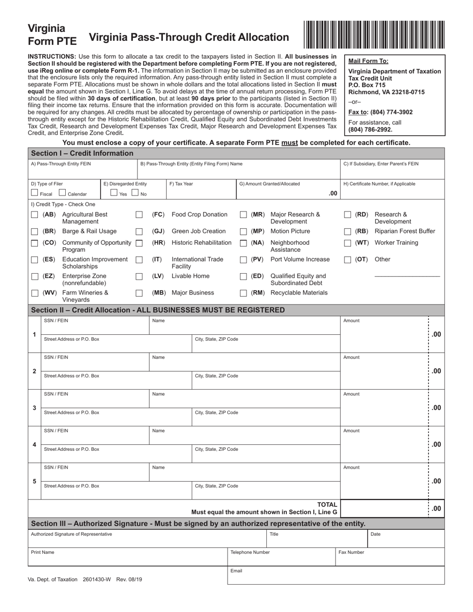 Form PTE Virginia Pass-Through Credit Allocation - Virginia, Page 1