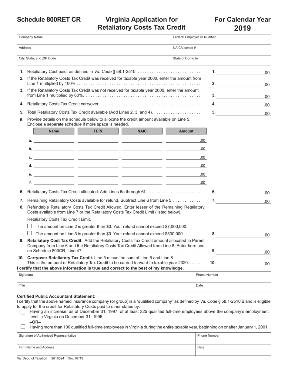 Schedule 800RET CR Virginia Application for Retaliatory Costs Tax Credit - Virginia, Page 1