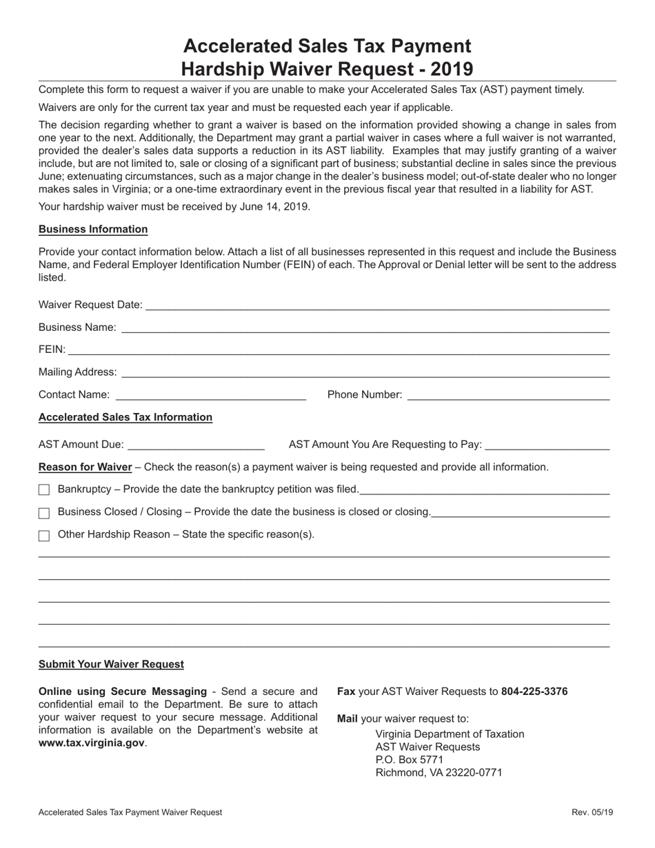 Accelerated Sales Payment Hardship Waiver Request - Virginia, Page 1