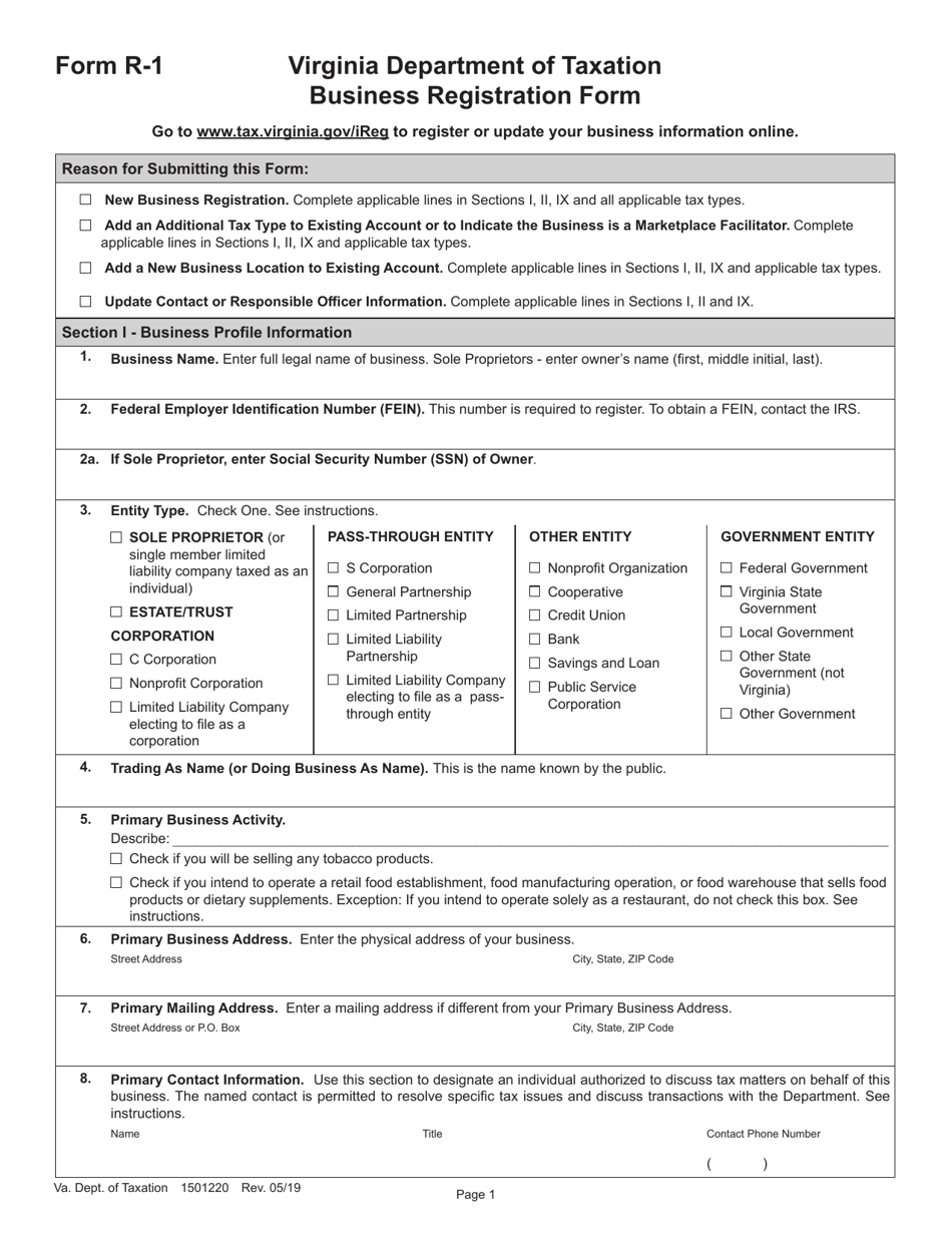 Form R-1 Business Registration Form - Virginia, Page 1