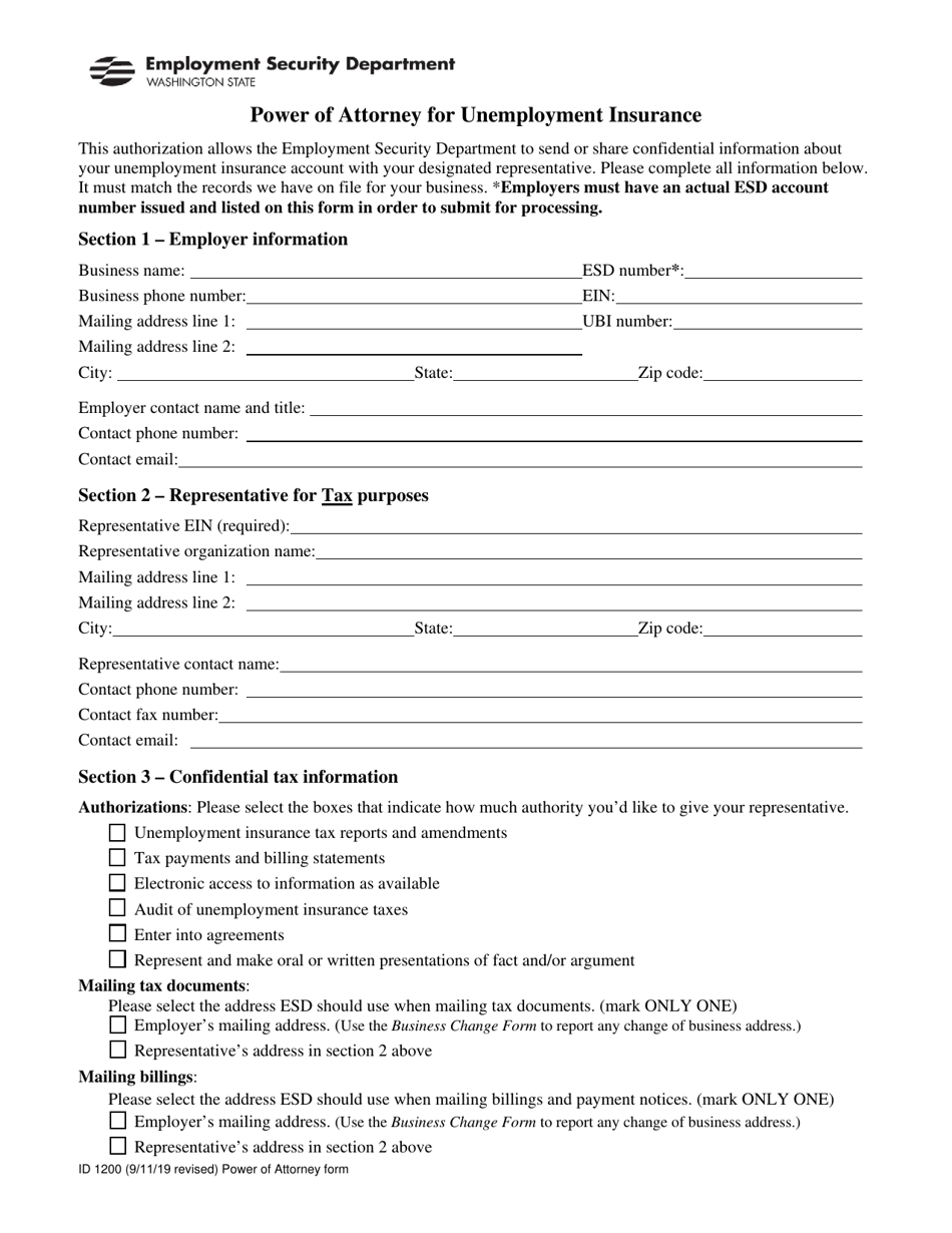 Form ID1200 Power of Attorney for Unemployment Insurance - Washington, Page 1