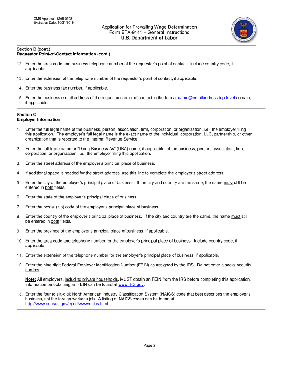 Instructions for Form ETA-9141C Application for Prevailing Wage Determination, Page 2