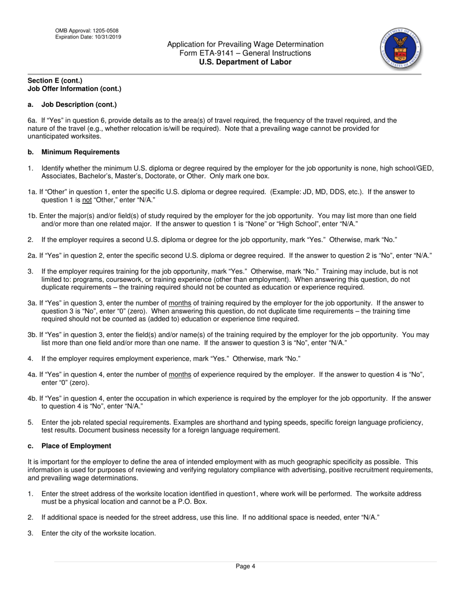 Instructions for Form ETA-9141C Application for Prevailing Wage Determination, Page 4