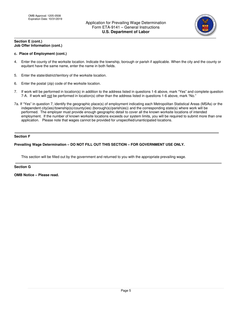 Instructions for Form ETA-9141C Application for Prevailing Wage Determination, Page 5