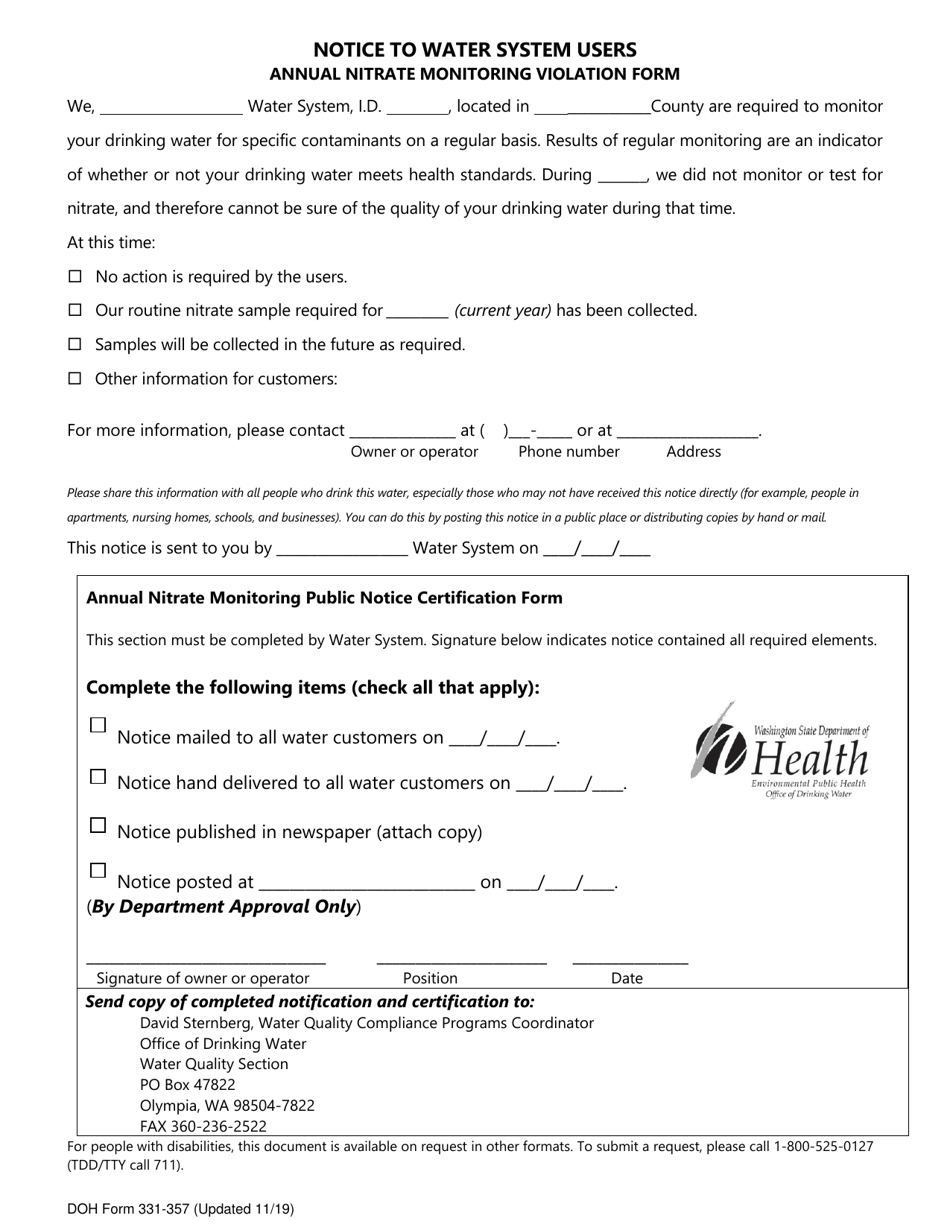 DOH Form 331-357 Notice to Water System Users: Annual Nitrate Monitoring Violation - Washington (English / Spanish), Page 1
