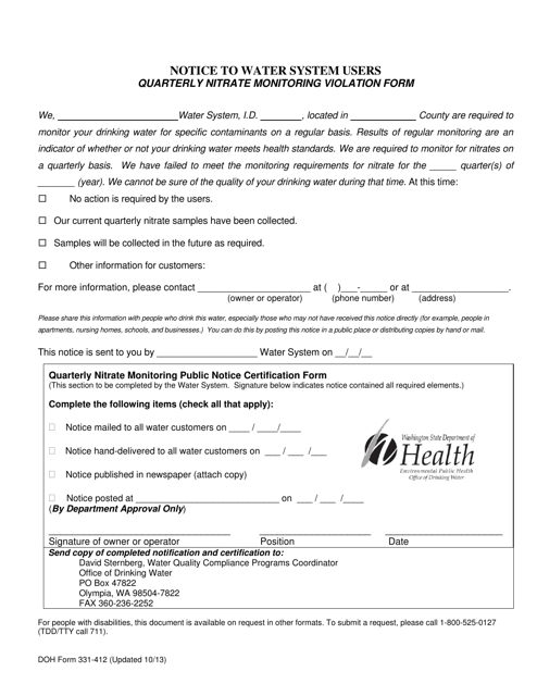 DOH Form 331-412 Quarterly Nitrate Monitoring Violation Form - Washington