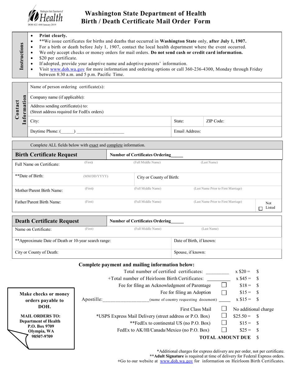 DOH Form 422-044 Birth / Death Certificate Mail Order - Washington, Page 1