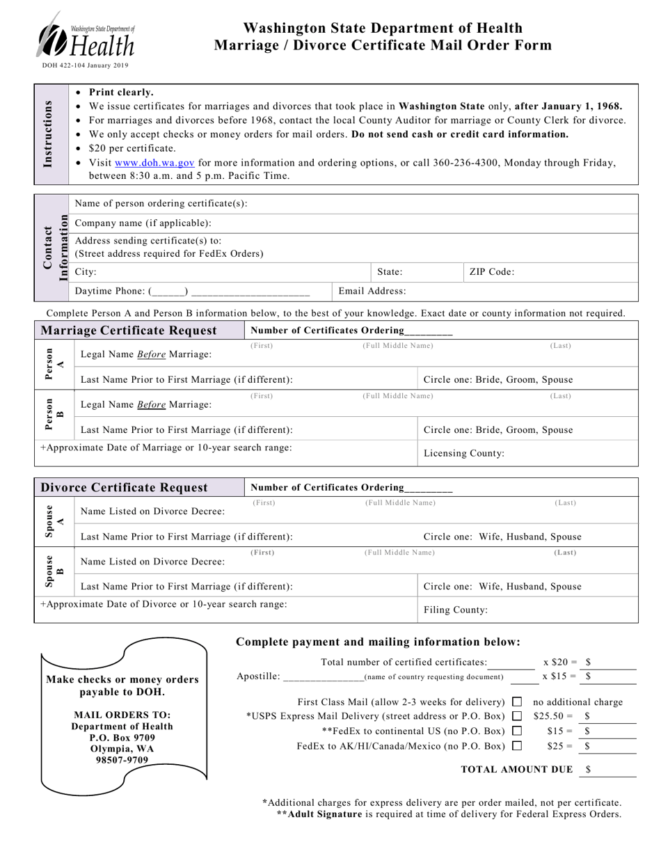 DOH Form 422-104 Marriage / Divorce Certificate Mail Order Form - Washington, Page 1
