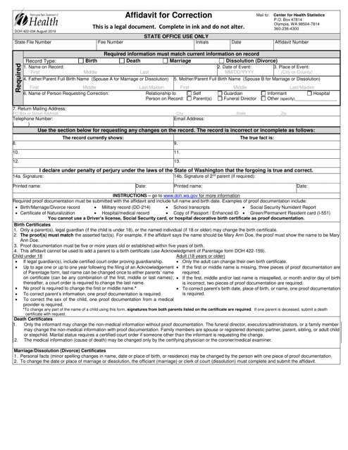 DOH Form 422-034 Affidavit for Correction - Washington