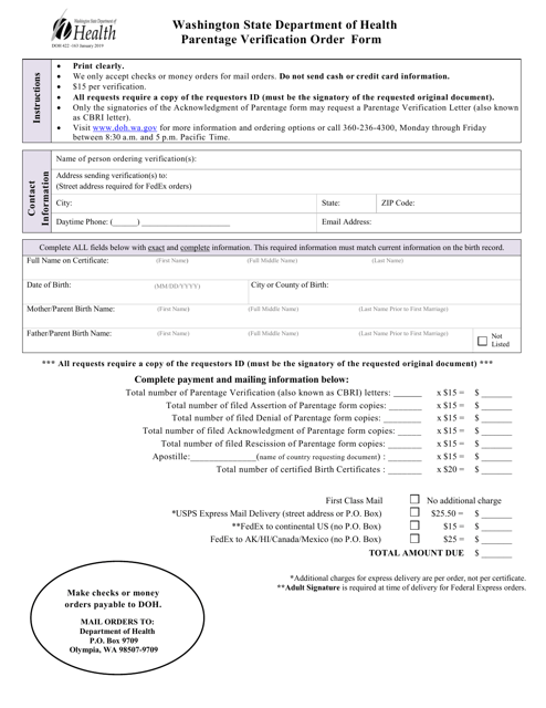 DOH Form 422-163  Printable Pdf