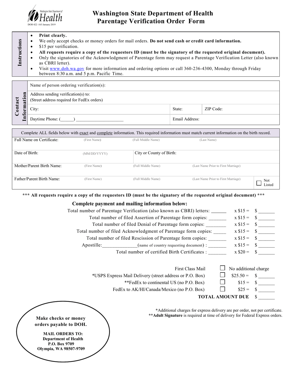 DOH Form 422-163 Parentage Verification Order - Washington, Page 1