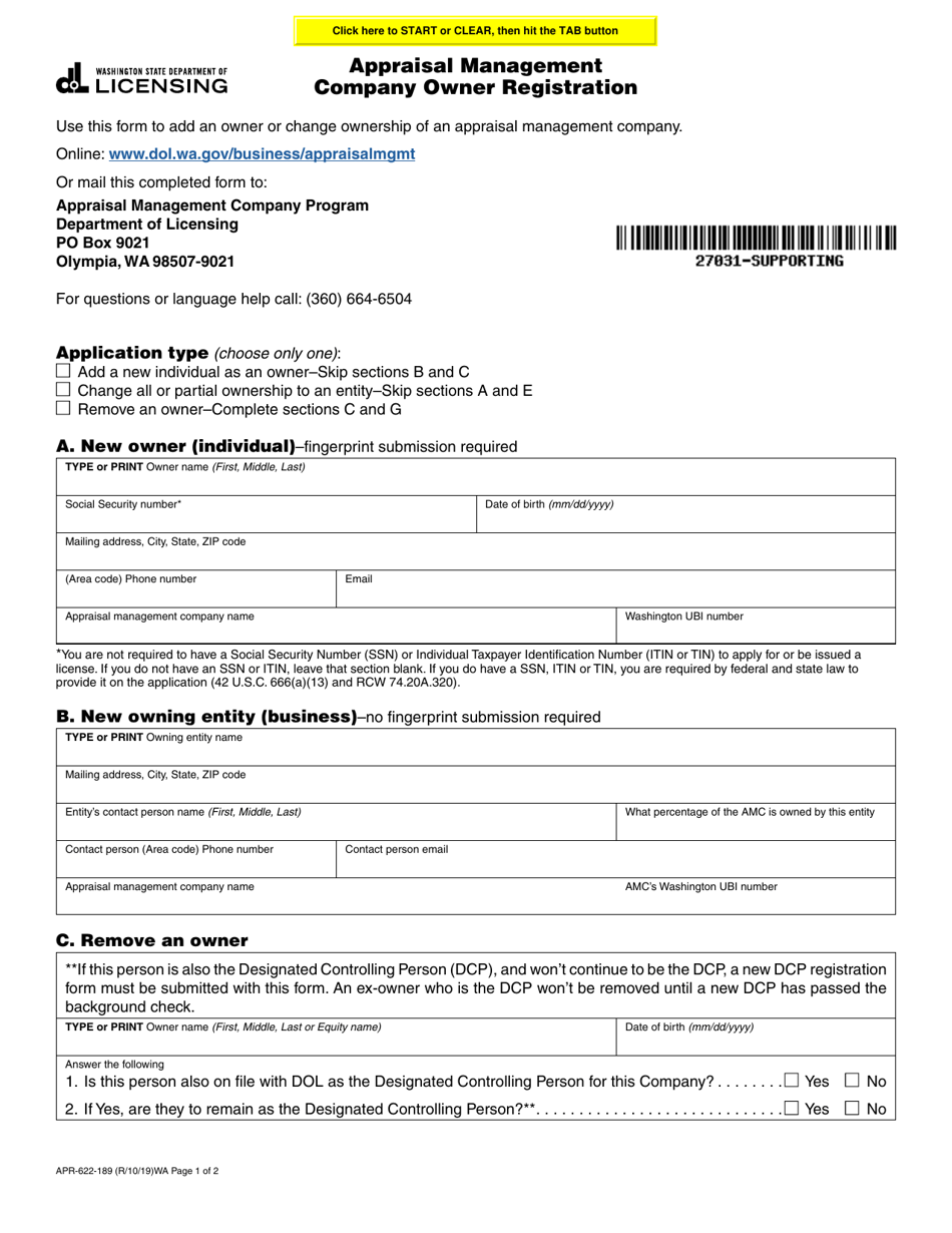 Form APR-622-189 Appraisal Management Company Owner Registration - Washington, Page 1