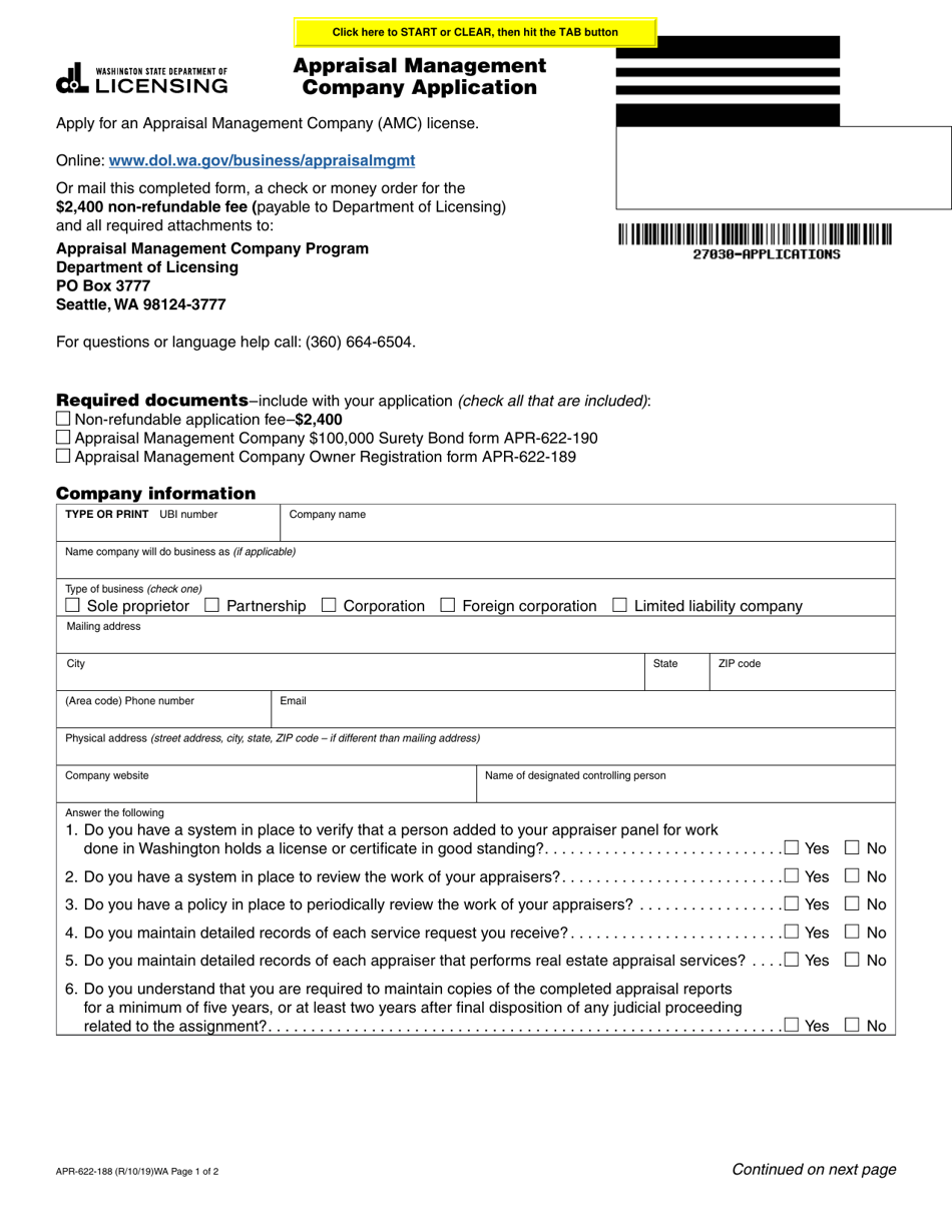 Form APR-622-188 Appraisal Management Company Application - Washington, Page 1