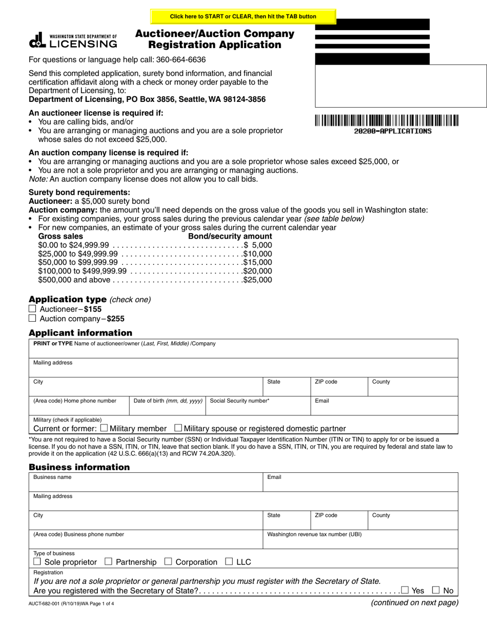 Form AUCT-682-001 Auctioneer / Auction Company Registration Application - Washington, Page 1