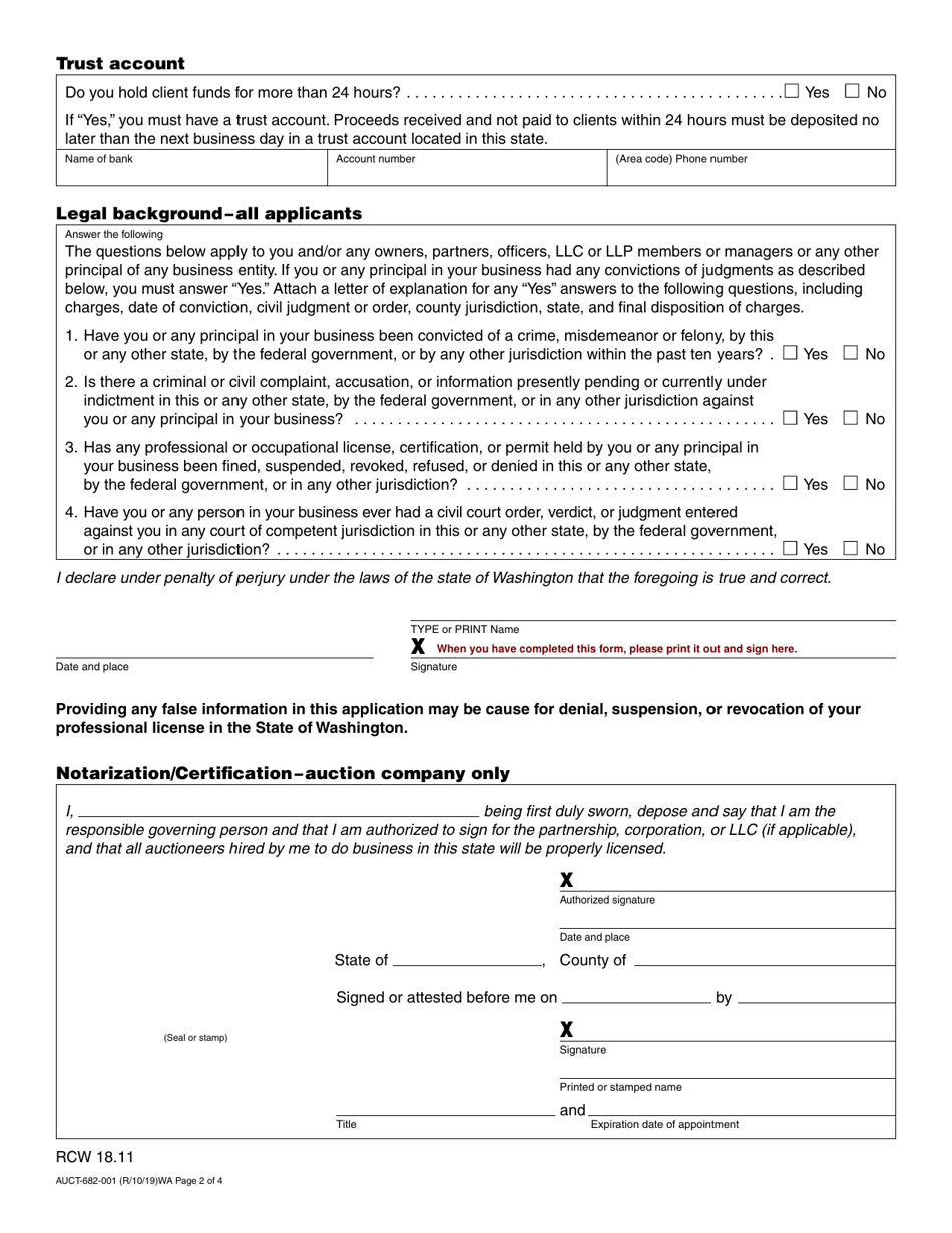 Form AUCT-682-001 Auctioneer / Auction Company Registration Application - Washington, Page 2