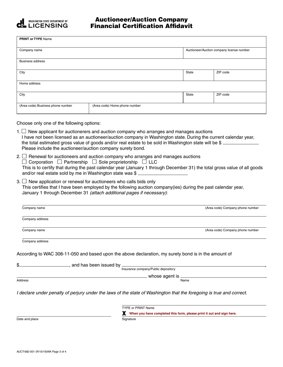 Form AUCT-682-001 Auctioneer / Auction Company Registration Application - Washington, Page 3