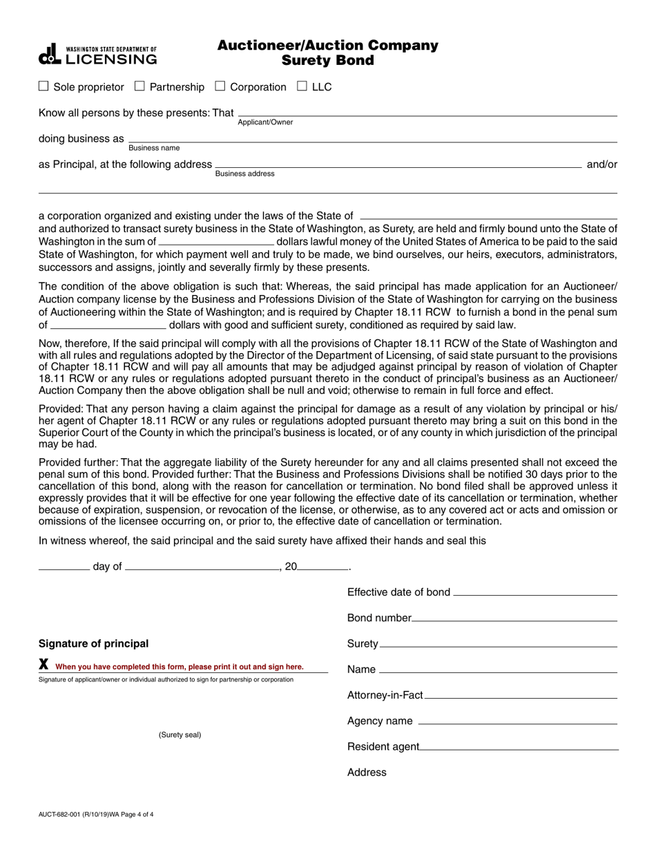 Form AUCT-682-001 Auctioneer / Auction Company Registration Application - Washington, Page 4