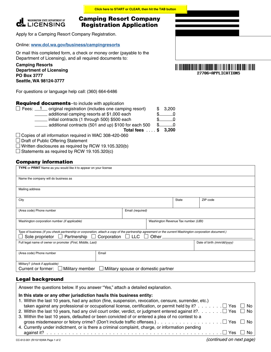 Form CC-612-001 Camping Resort Company Registration Application - Washington, Page 1