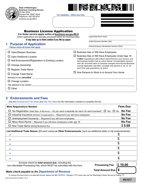 Form BLS-700-028 Business License Application - Washington