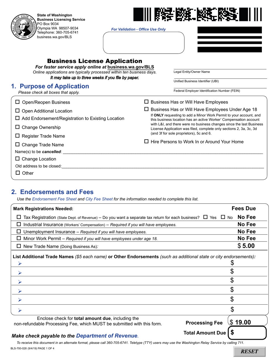 Form BLS-700-028 Business License Application - Washington, Page 1