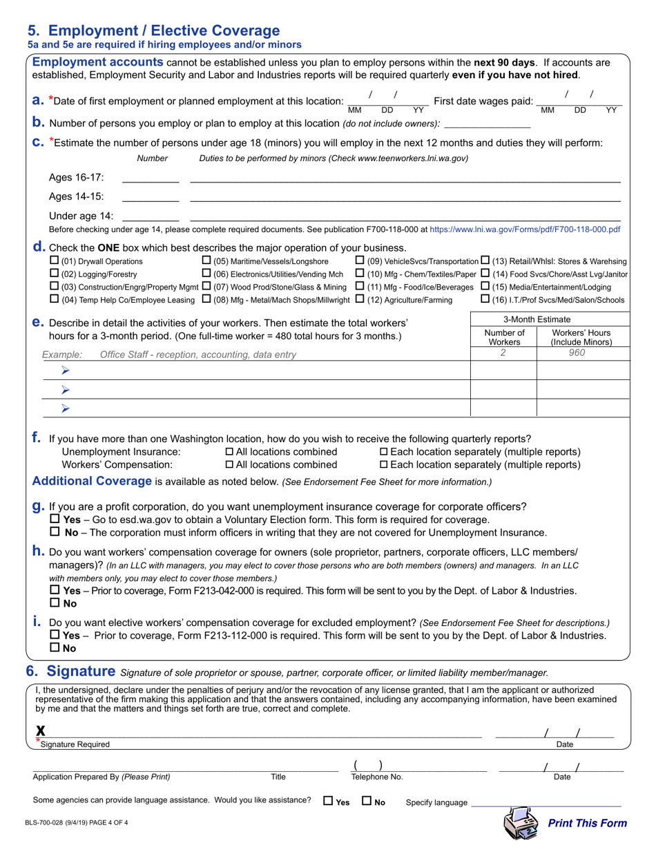Form BLS-700-028 Business License Application - Washington, Page 4