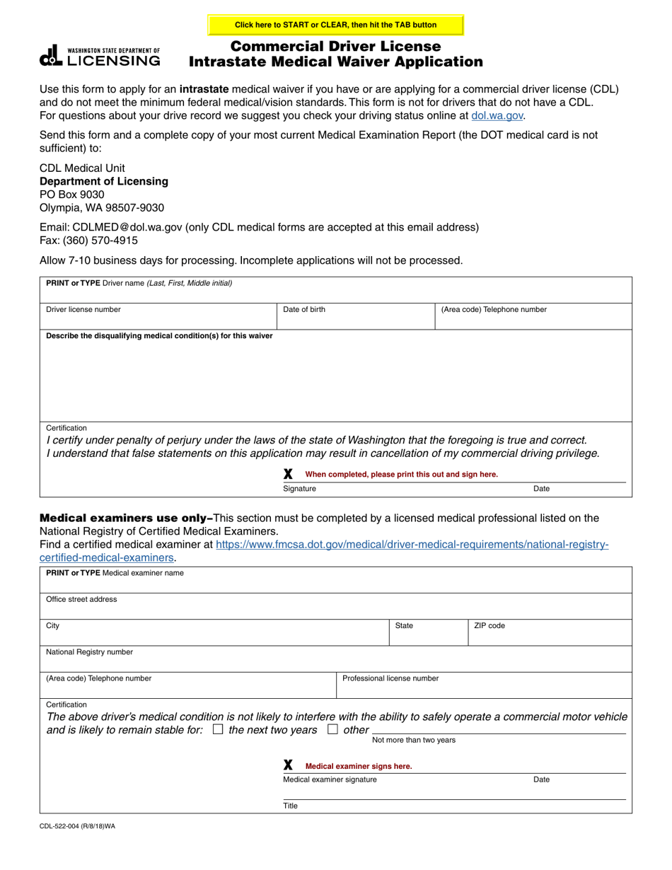 Form CDL-522-004 Commercial Driver License Intrastate Medical Waiver Application - Washington, Page 1