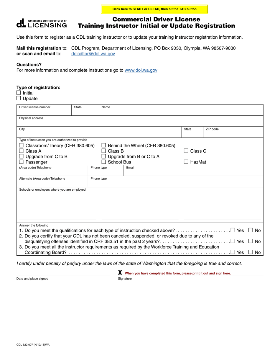 Form Cdl 522 007 Download Fillable Pdf Or Fill Online Commercial Driver License Training Instructor Initial Or Update Registration Washington Templateroller