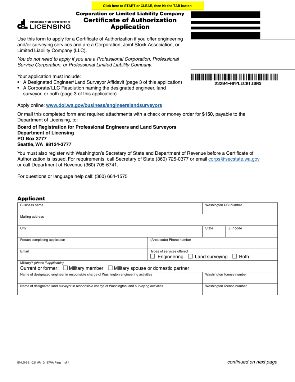 Form ENLS-651-021 Corporation or Limited Liability Company Certificate of Authorization Application - Washington, Page 1