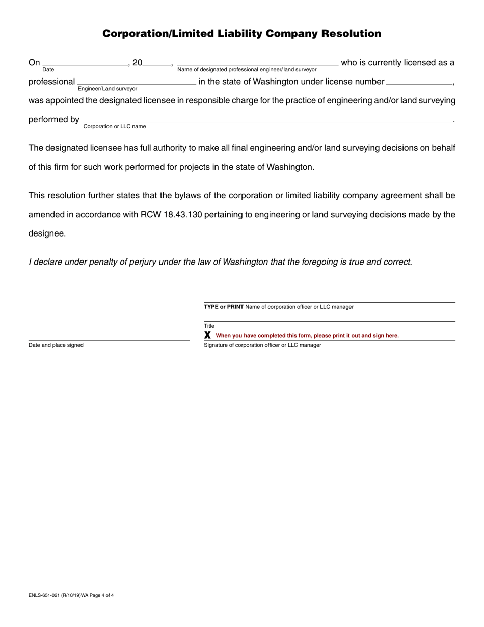 Form ENLS-651-021 Corporation or Limited Liability Company Certificate of Authorization Application - Washington, Page 4