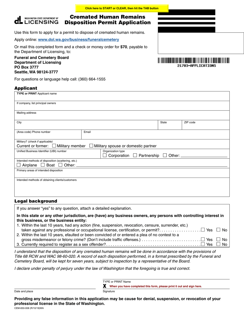 Form CEM-650-008 Cremated Human Remains Disposition Permit Application - Washington, Page 1