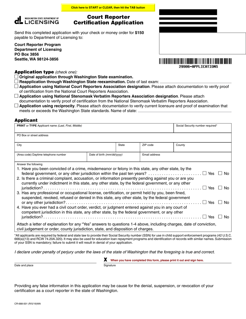 Form CR-688-001 Court Reporter Certification Application - Washington, Page 1