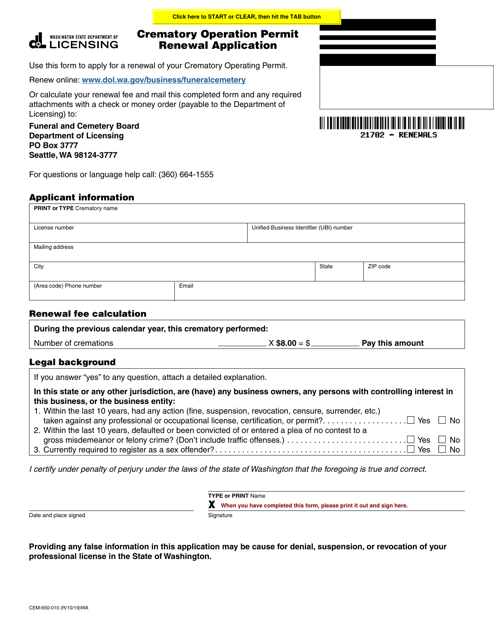 Form CEM-650-010 Crematory Operation Permit Renewal Application - Washington