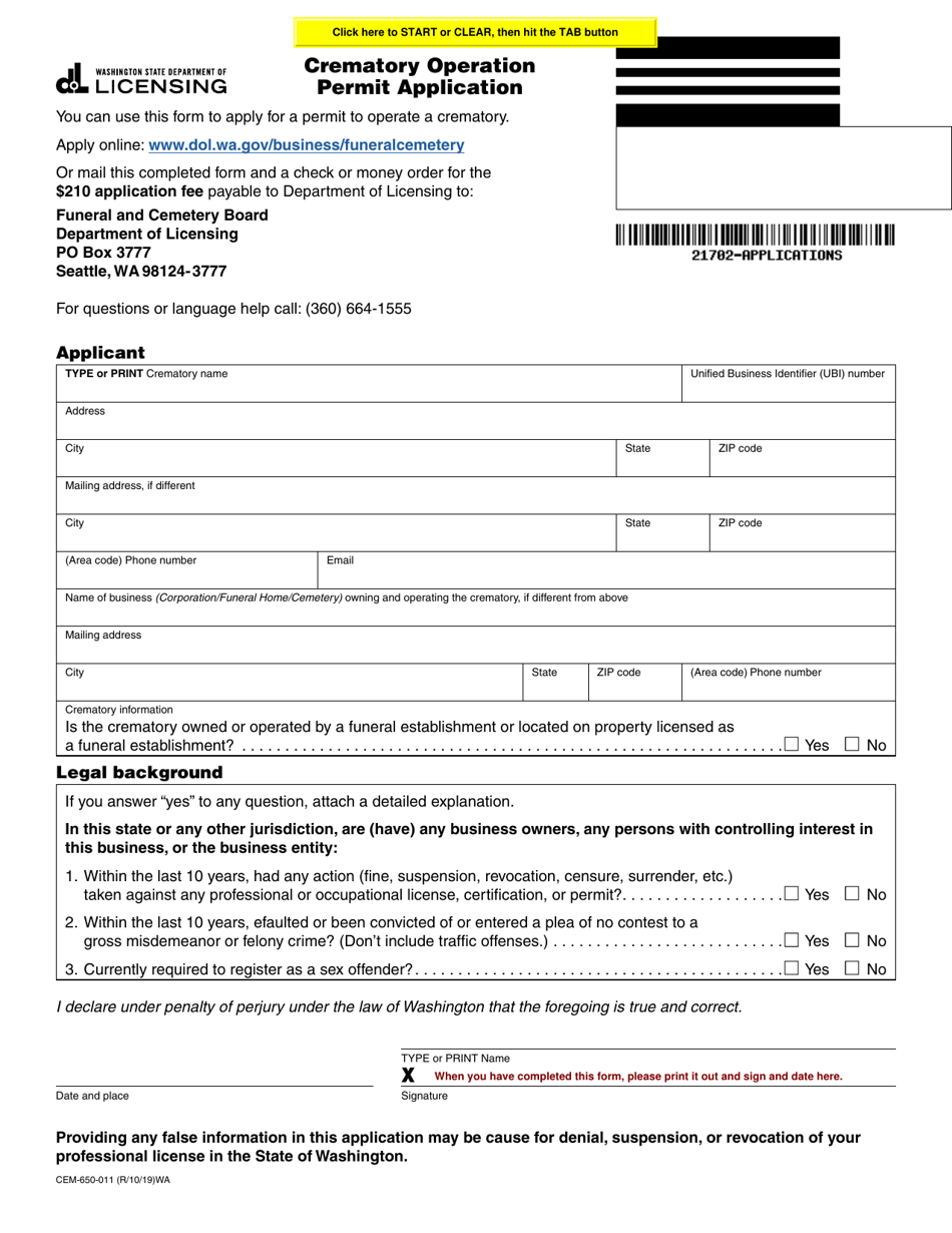 Form CEM-650-011 Crematory Operation Permit Application - Washington, Page 1