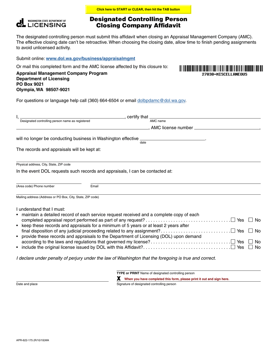 Form APR-622-175 Designated Controlling Person Closing Company Affidavit - Washington, Page 1