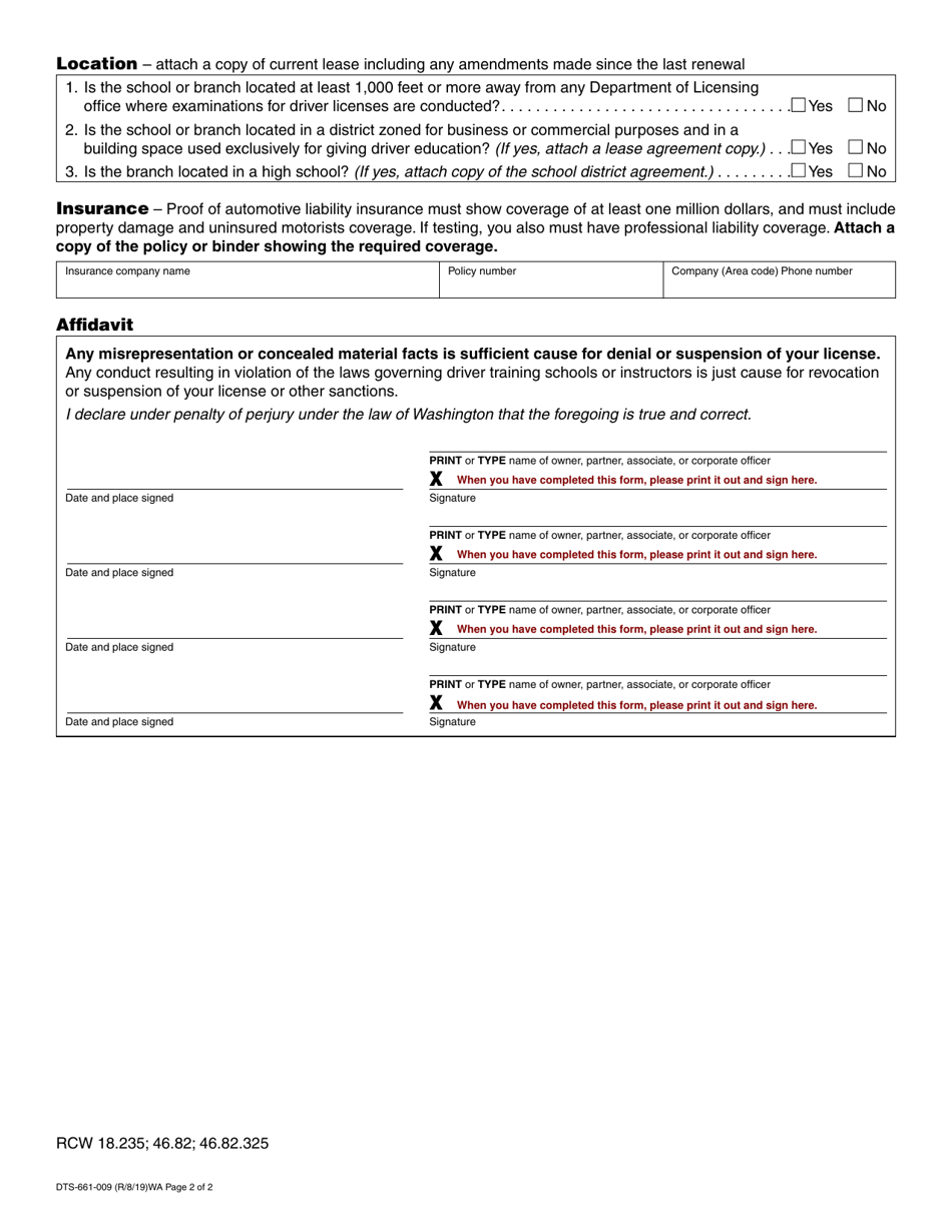 Form DTS-661-009 Driver Training School Branch License Application - Washington, Page 2