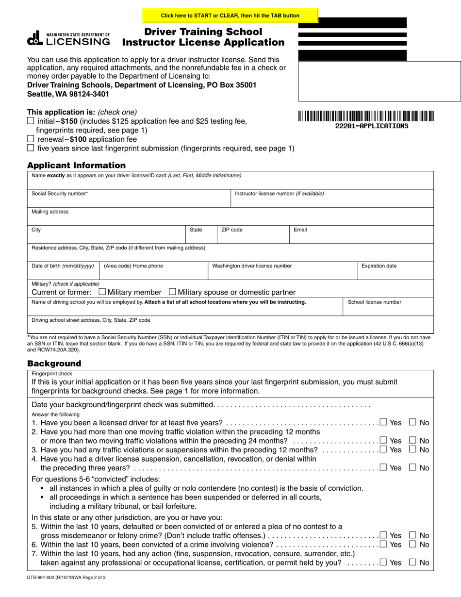 Form DTS-661-002 Driver Training School Instructor License Application - Washington, Page 2