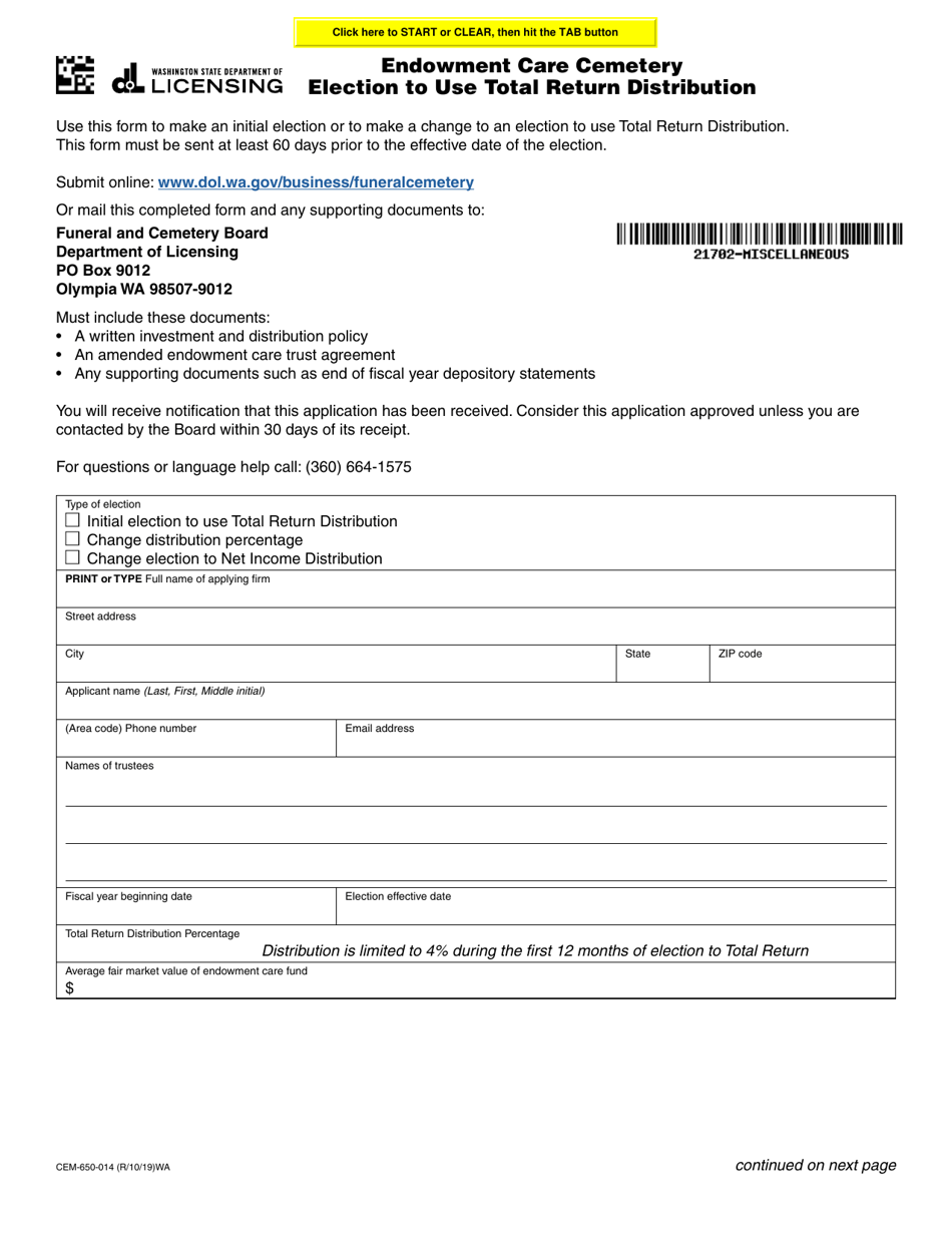 Form CEM-650-014 Endowment Care Cemetery Election to Use Total Return Distribution - Washington, Page 1
