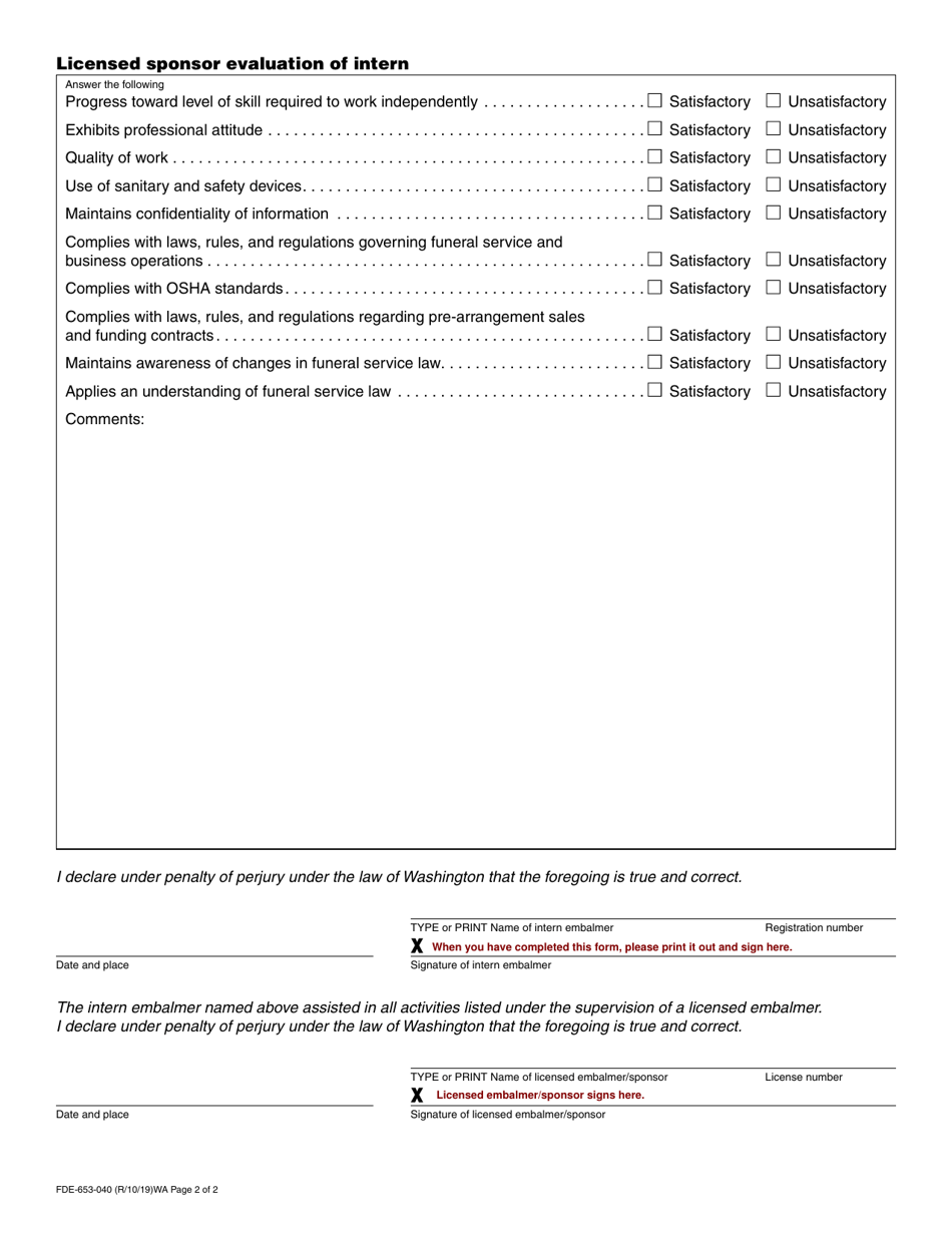 Form FDE-653-040 Embalmer Intern Training Report - Washington, Page 2