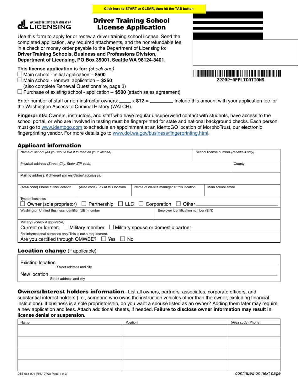 Form DTS-661-001 Driver Training School License Application - Washington, Page 1