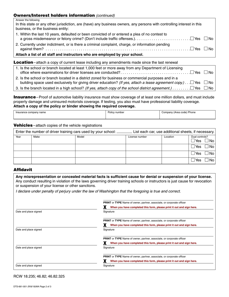 Form DTS-661-001 Driver Training School License Application - Washington, Page 2