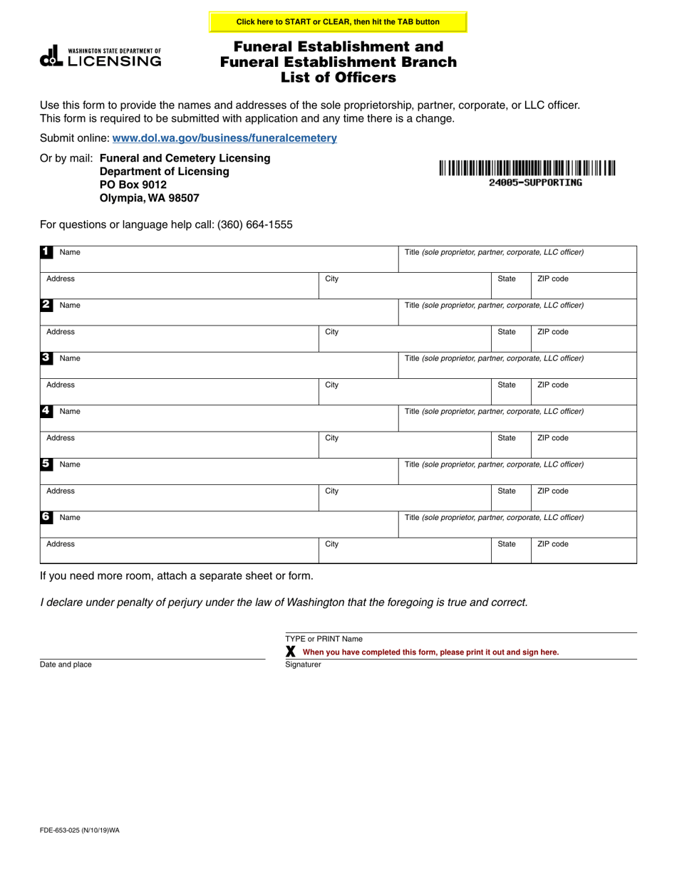 Form FDE-653-025 Funeral Establishment and Funeral Establishment Branch List of Officers - Washington, Page 1