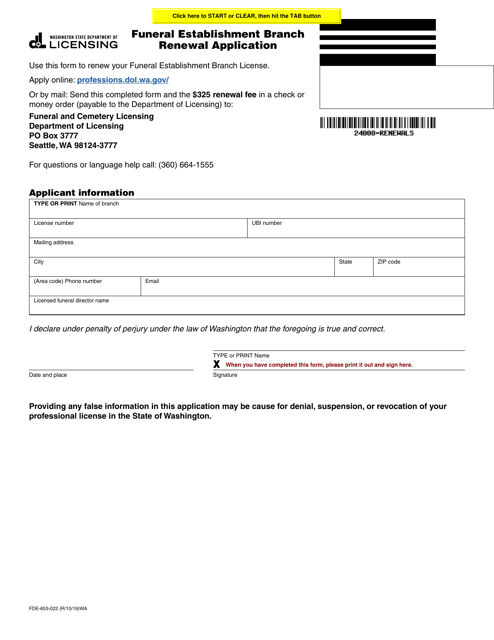 Form FDE-653-022  Printable Pdf