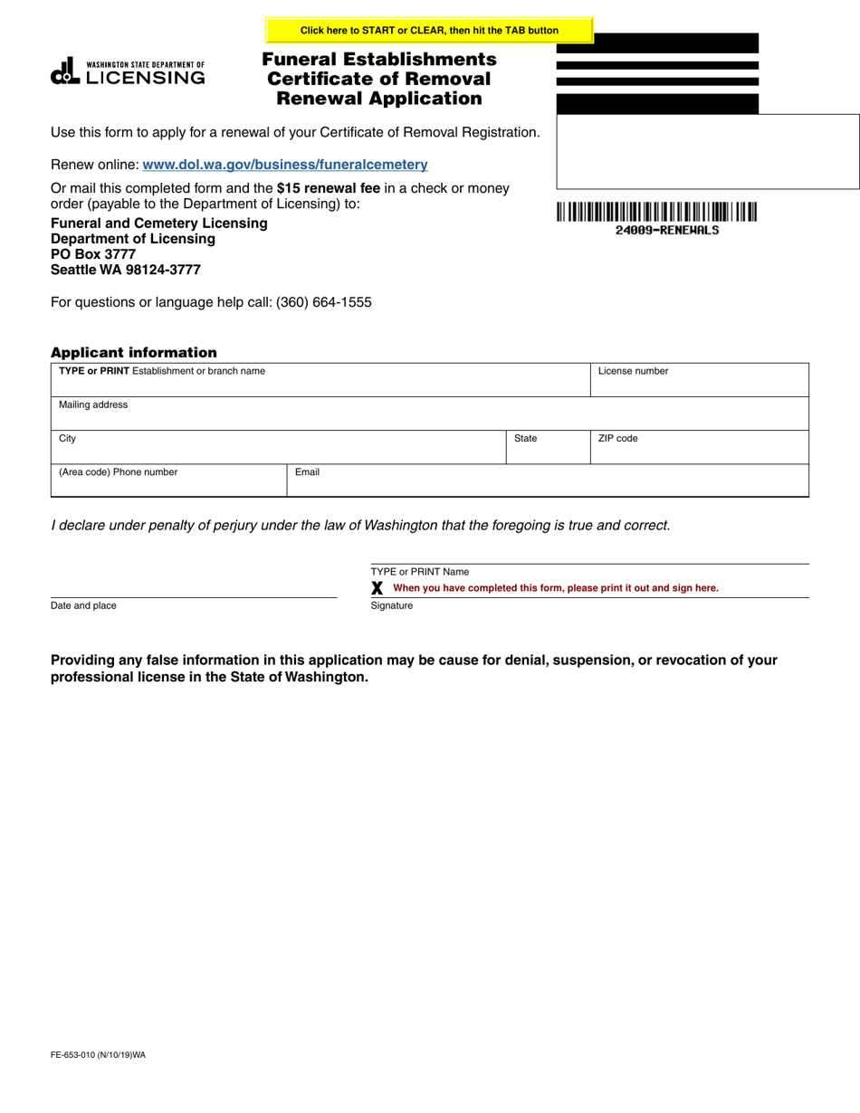Form FE-653-010 Funeral Establishments Certificate of Removal Renewal Application - Washington, Page 1